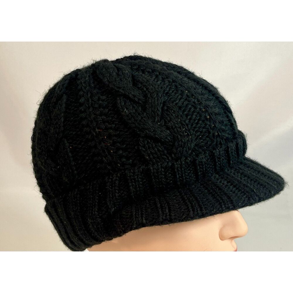 RARE McBURN Knit Wool Blend Cable Knit Visor Beanie Cap Germany Black One Size